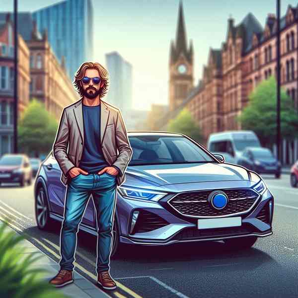 A UK driver standing confidently by his vehicle after getting advice.